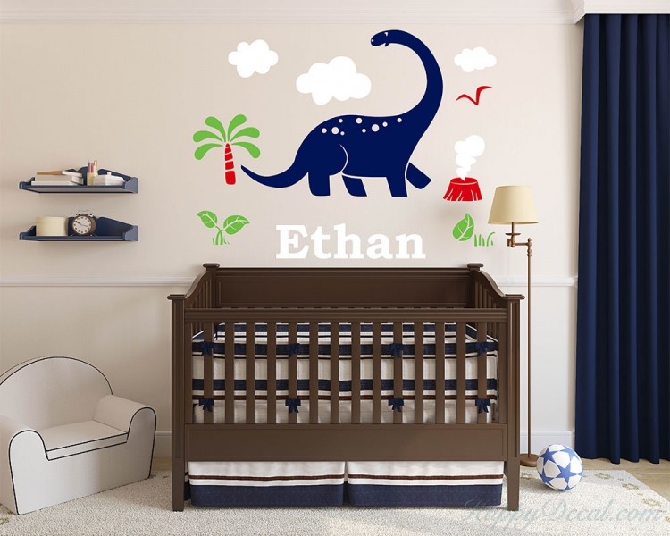 Dinosaur with Personalized Name Decal-Boys Name Decal -Customized Boy Wall Decal Clouds and Grass